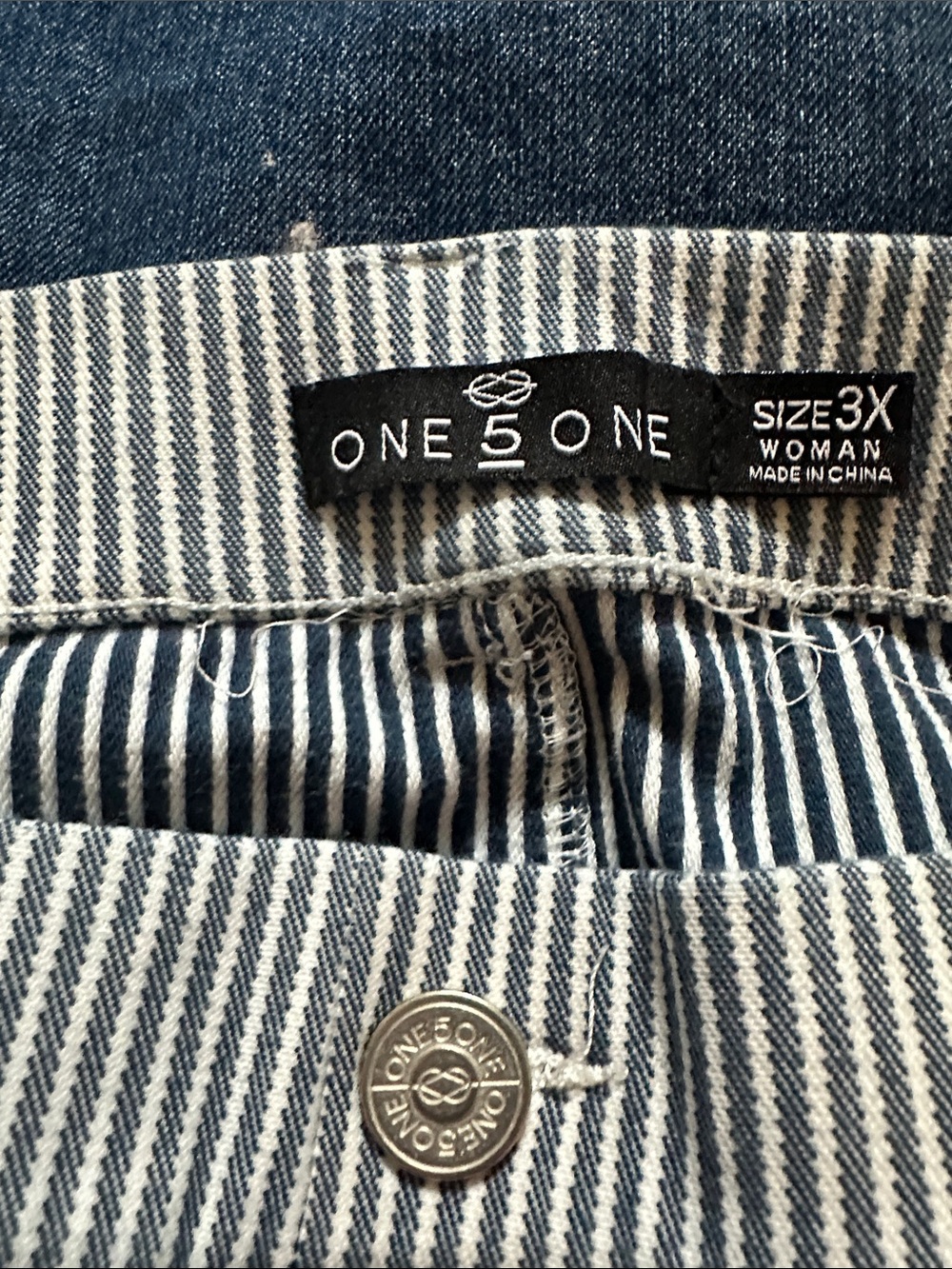 one 5 one Women's Striped Denim Overalls in Blue and White